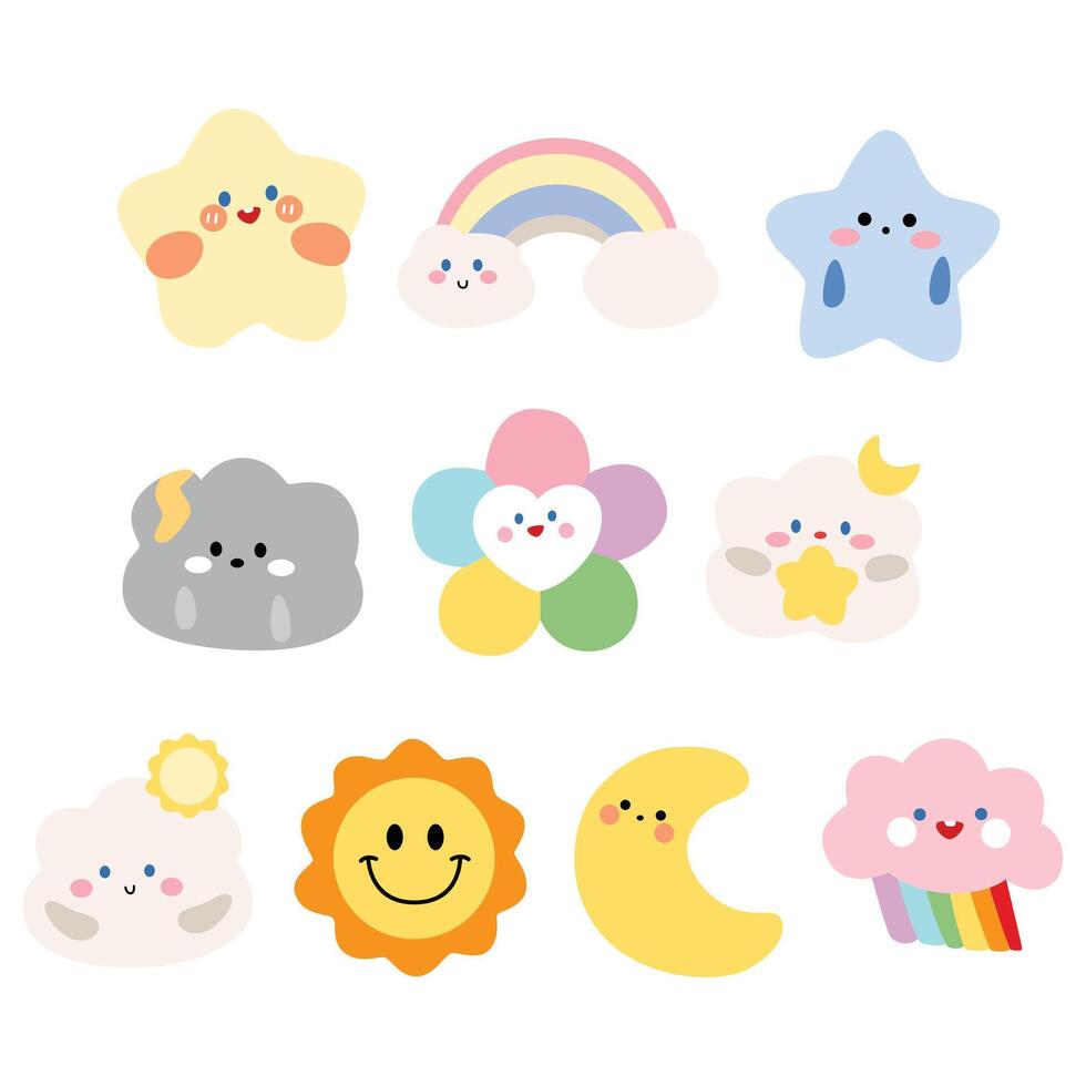 CUTE CHARACTERS WEATHER, CLOUDS, RAINBOW, MOON, STARS vector