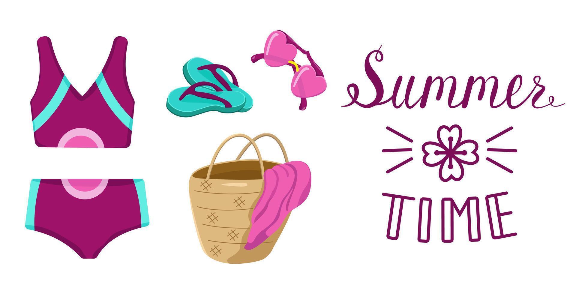 set of clothes and accessories for the beach and seaside holidays. Summer holidays. Color illustration of a swimsuit, raffia bag and sunglasses. vector