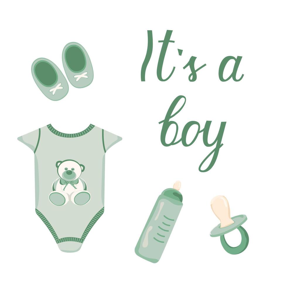 Hand drawn greeting card for the birth of a Boy. Color illustration with newborn clothes in green on a white background. Calligraphic lettering for cards, invitations and banners. vector