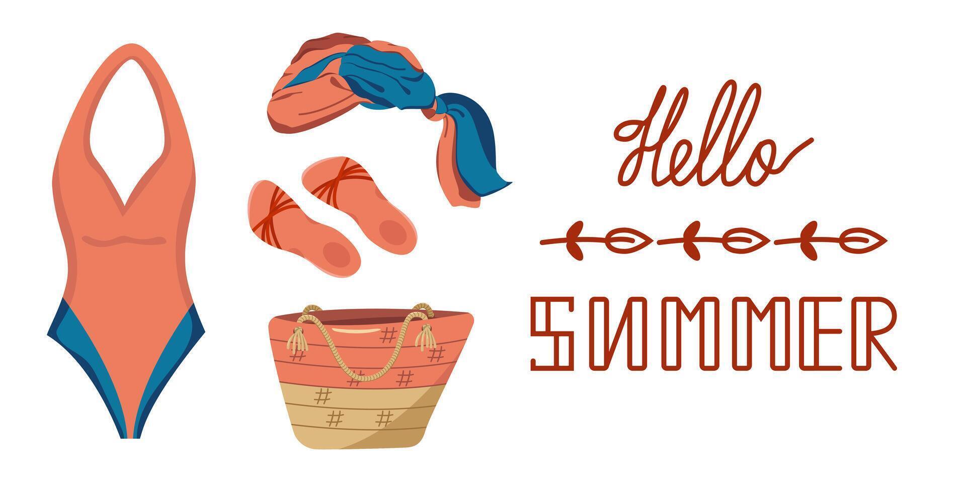 set of summer clothes and accessories for the beach. Summer holidays. Hello summer. Color illustration of a swimsuit, bag and sunglasses. vector