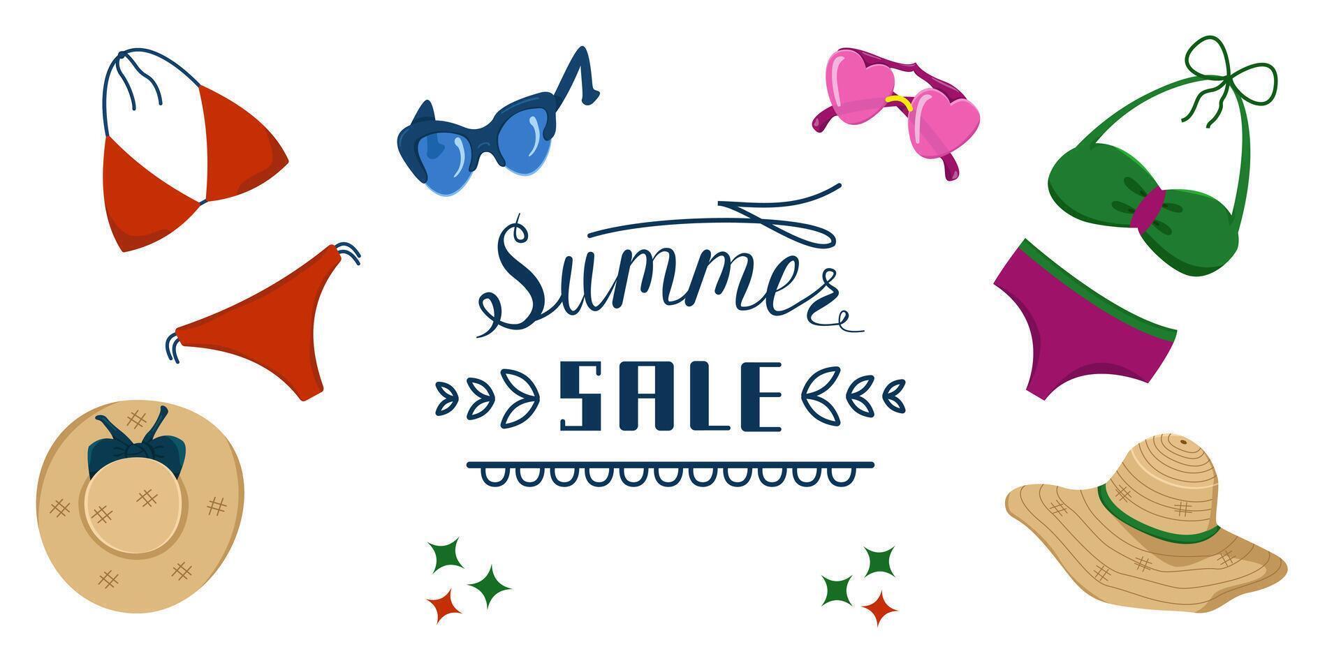set of summer clothes and accessories for swimming. Summer Sale. Color illustration of swimsuits, sunglasses and hats. vector