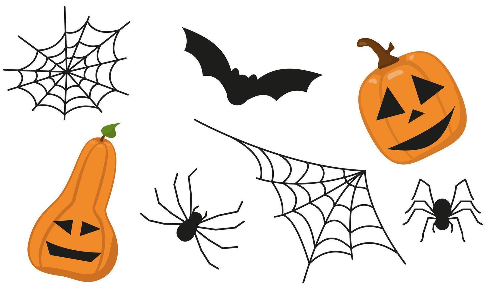 set of isolated elements for Halloween. Image of a pumpkin with different faces, a spider with a web and a bat. Creepy hand drawings on a white background. Holiday icons for Halloween. vector