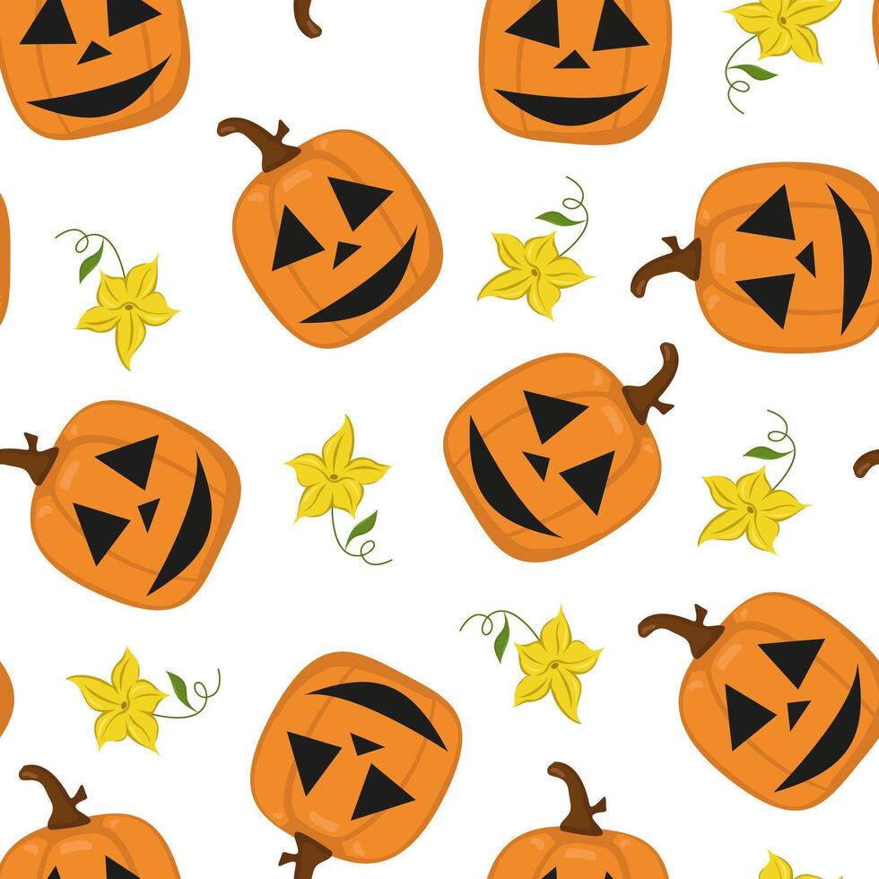 image of a Halloween pumpkin. Seamless pumpkin pattern with carved scary faces. vector