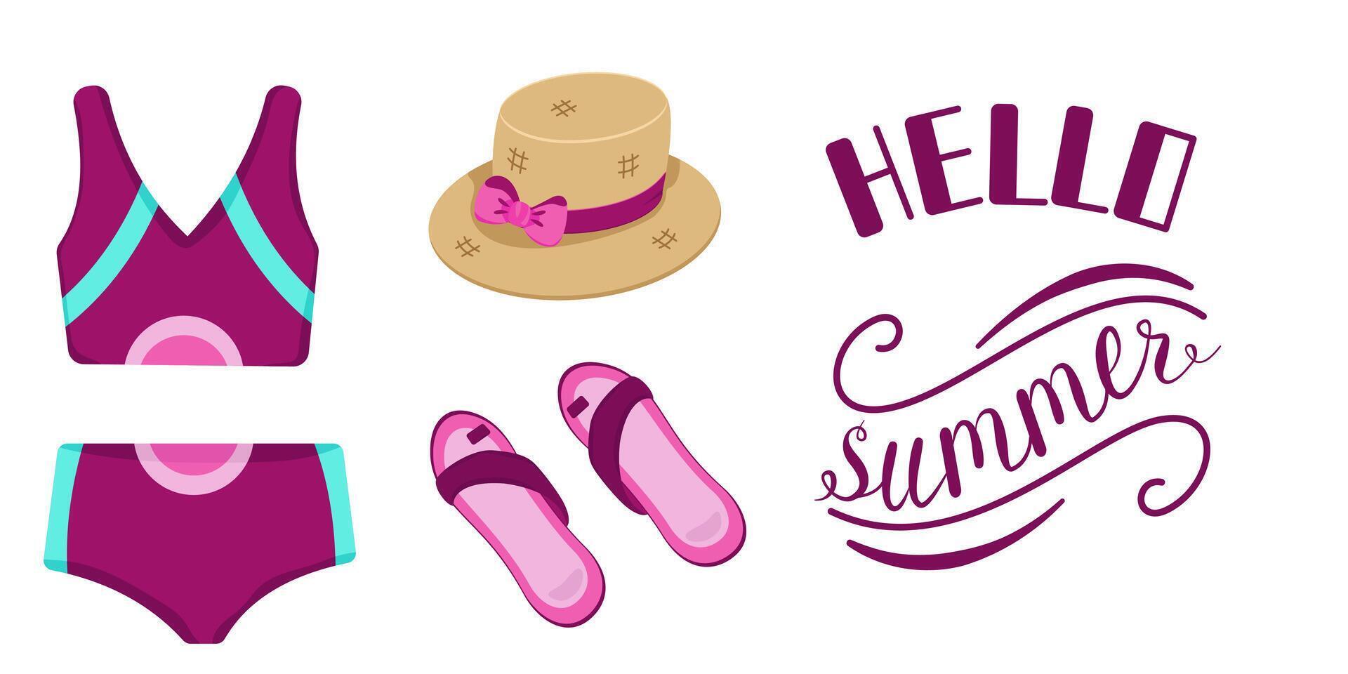 set of clothes and accessories for the beach and seaside holidays. Summer beach fashion. Color illustration of a swimsuit, raffia bag and hat. vector
