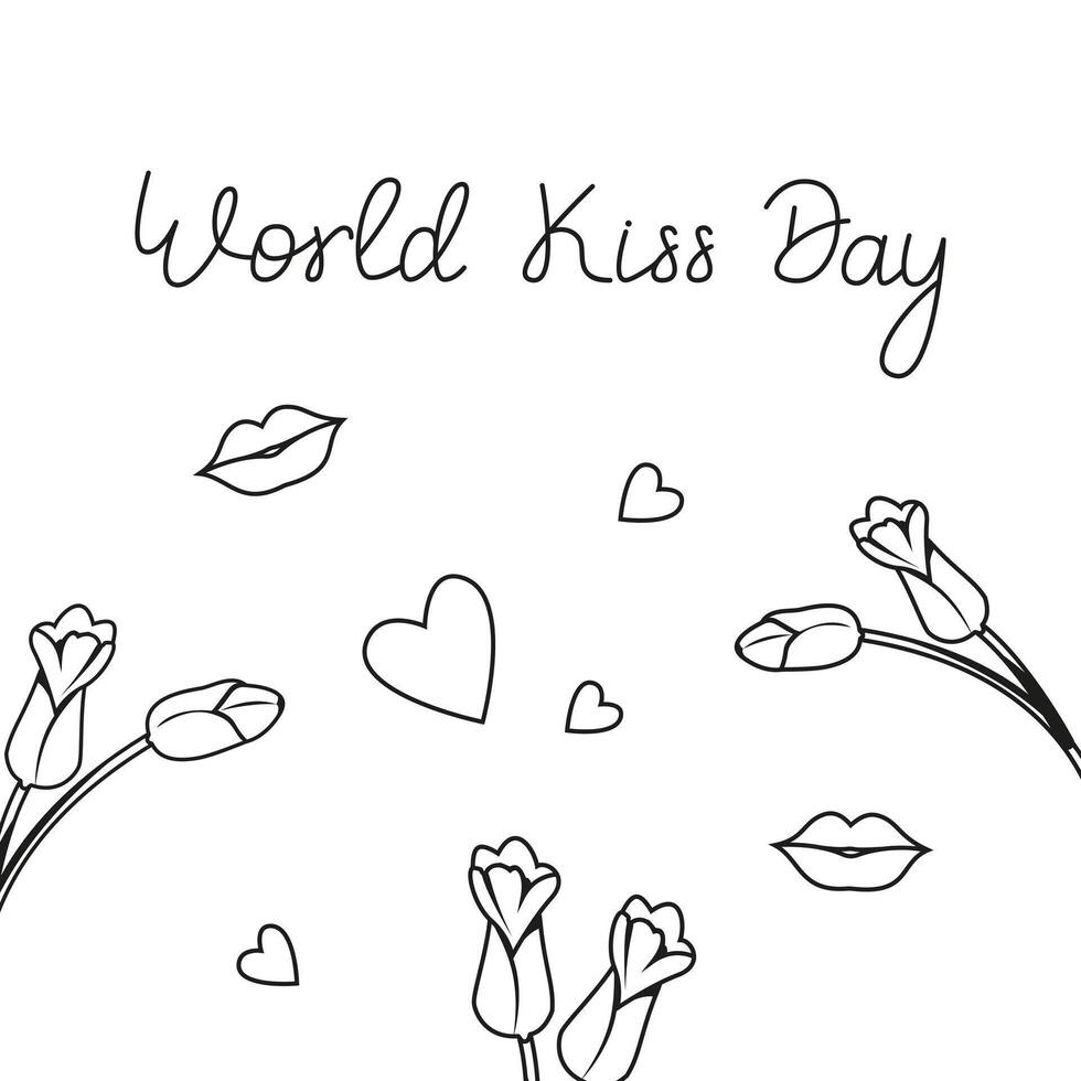 World Kissing Day image in doodle style. Greeting card with the image of lips, flowers and hearts. Holiday concept for lovers. vector