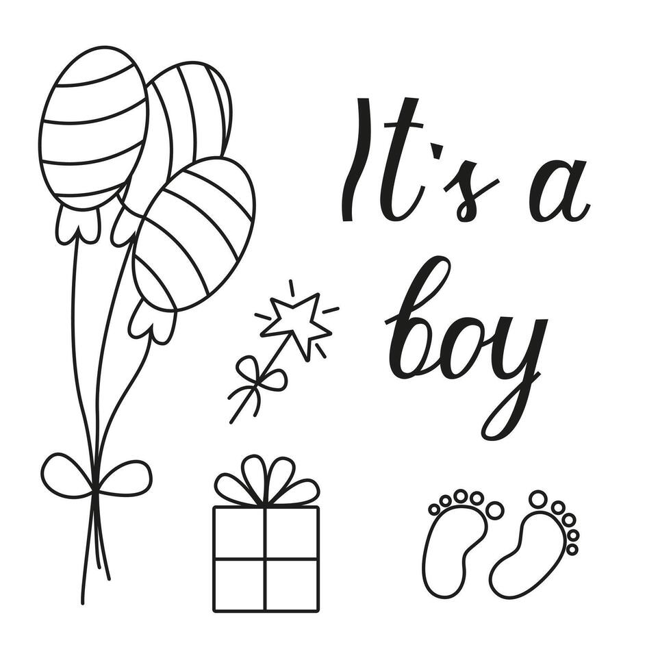 Greeting card for the birth of a Boy. Image of balloons and gifts in doodle style. invitation card template for baby gender reveal party. vector