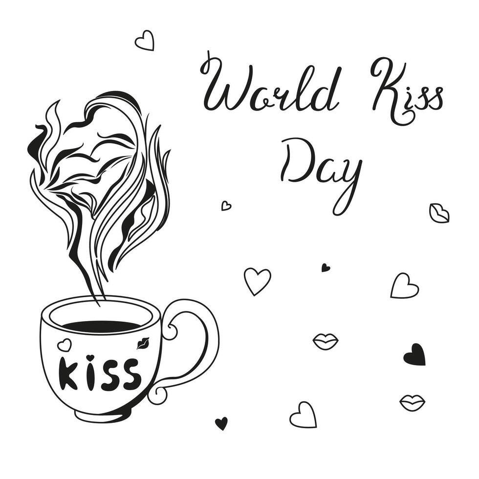 World Kissing Day image in doodle style. Greeting card with an image of lips, a cup of steam and hearts. Holiday concept for lovers. vector