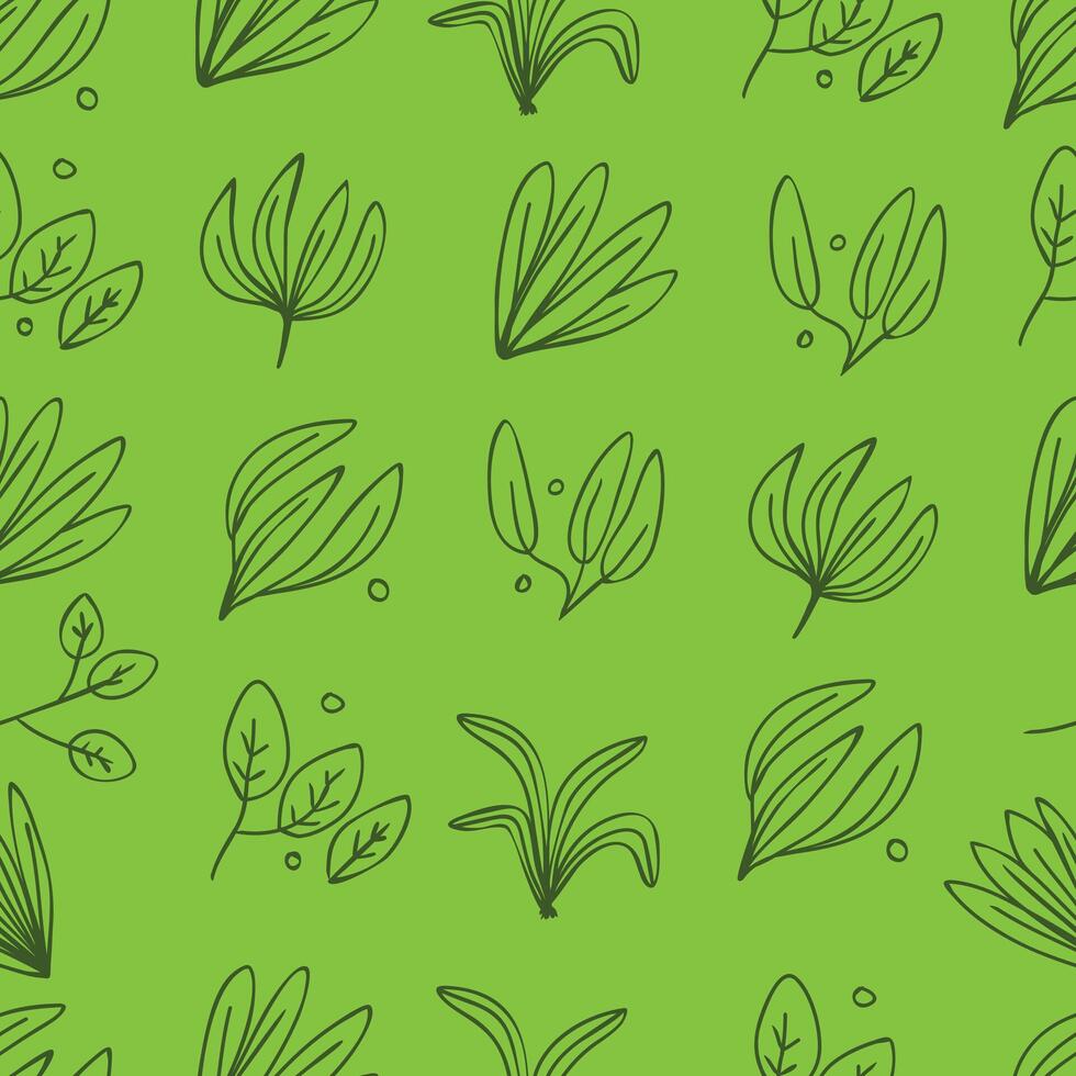 Hand drawn line botanical green leaves seamless pattern vector