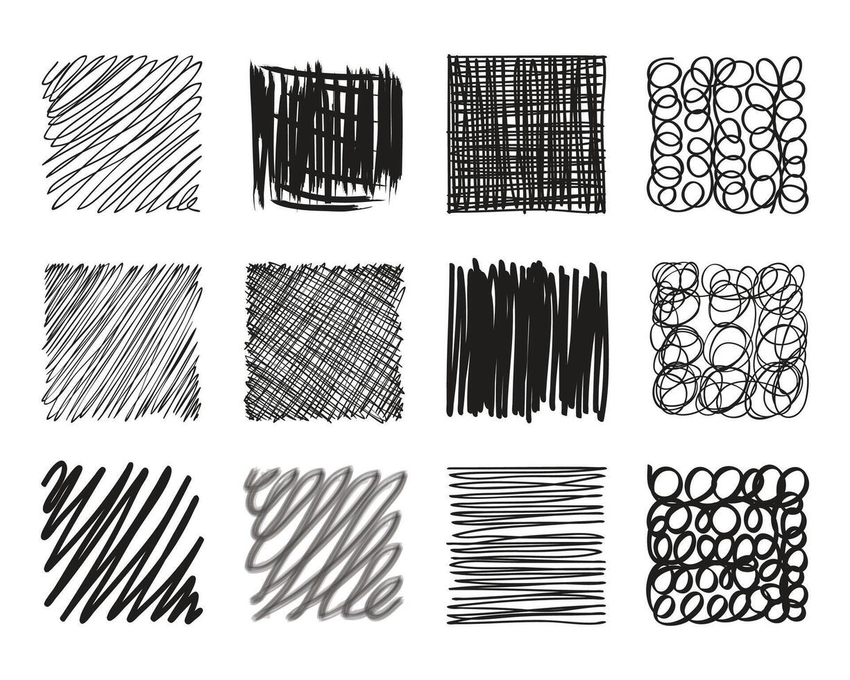 Pencil sketch texture collection. Hand drawn cross line pen hatching, doodle chalk sketchy clip art, freehand scribble line texture. vector