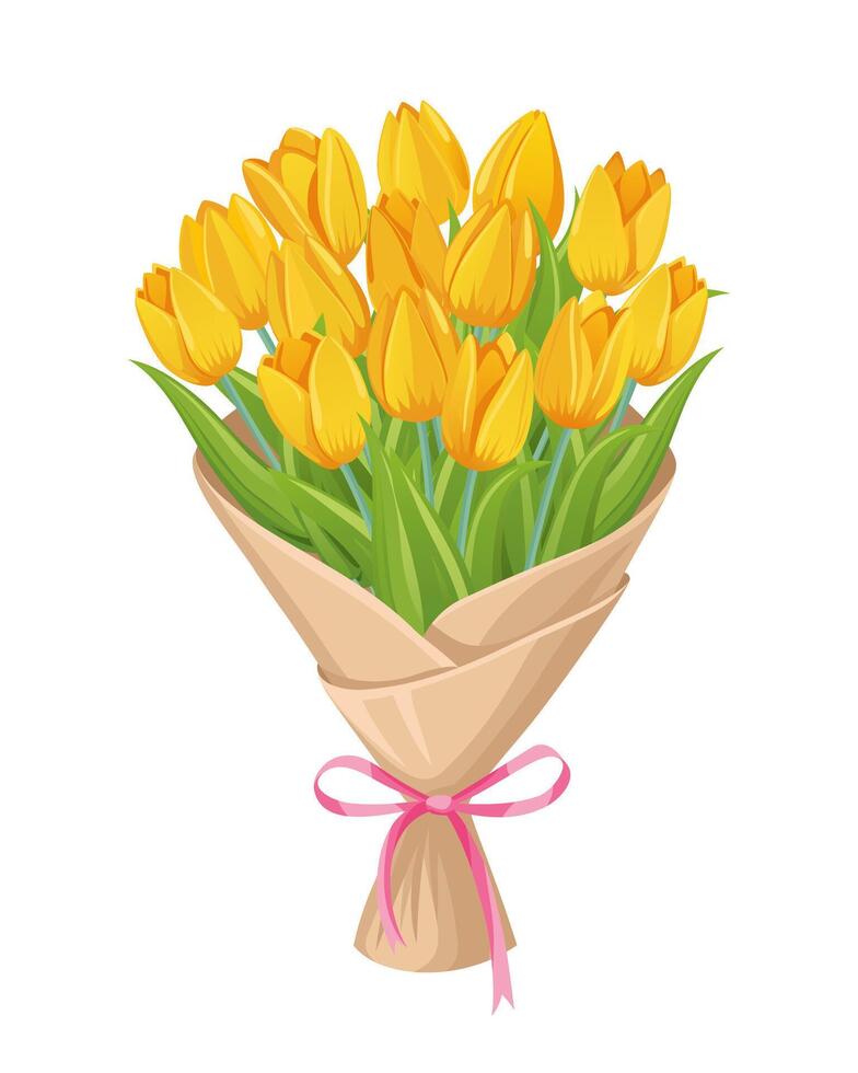 Bouquet of yellow tulips. A floral bouquet in a paper wrapper with a pink ribbon. Yellow flowers for the holiday. vector