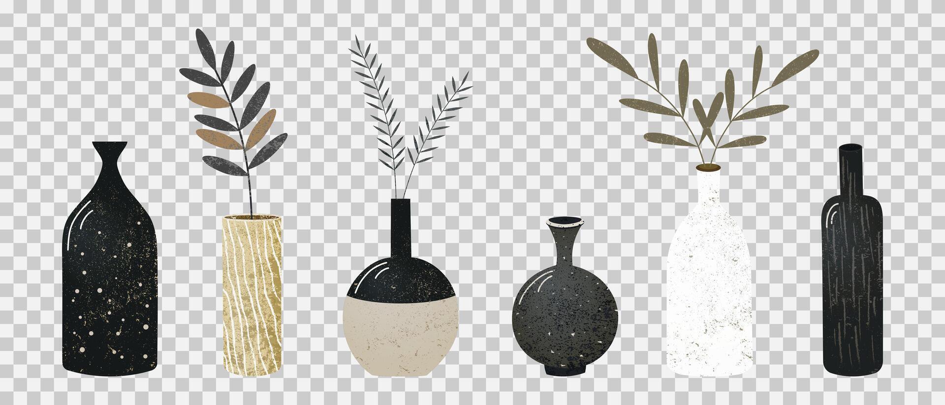 Stylized vases with abstract plant designs in neutral colors. Wall art with nordic vase and plants for a rustic aesthetic. Grunge texture. Brown, beige, gray white color. vector