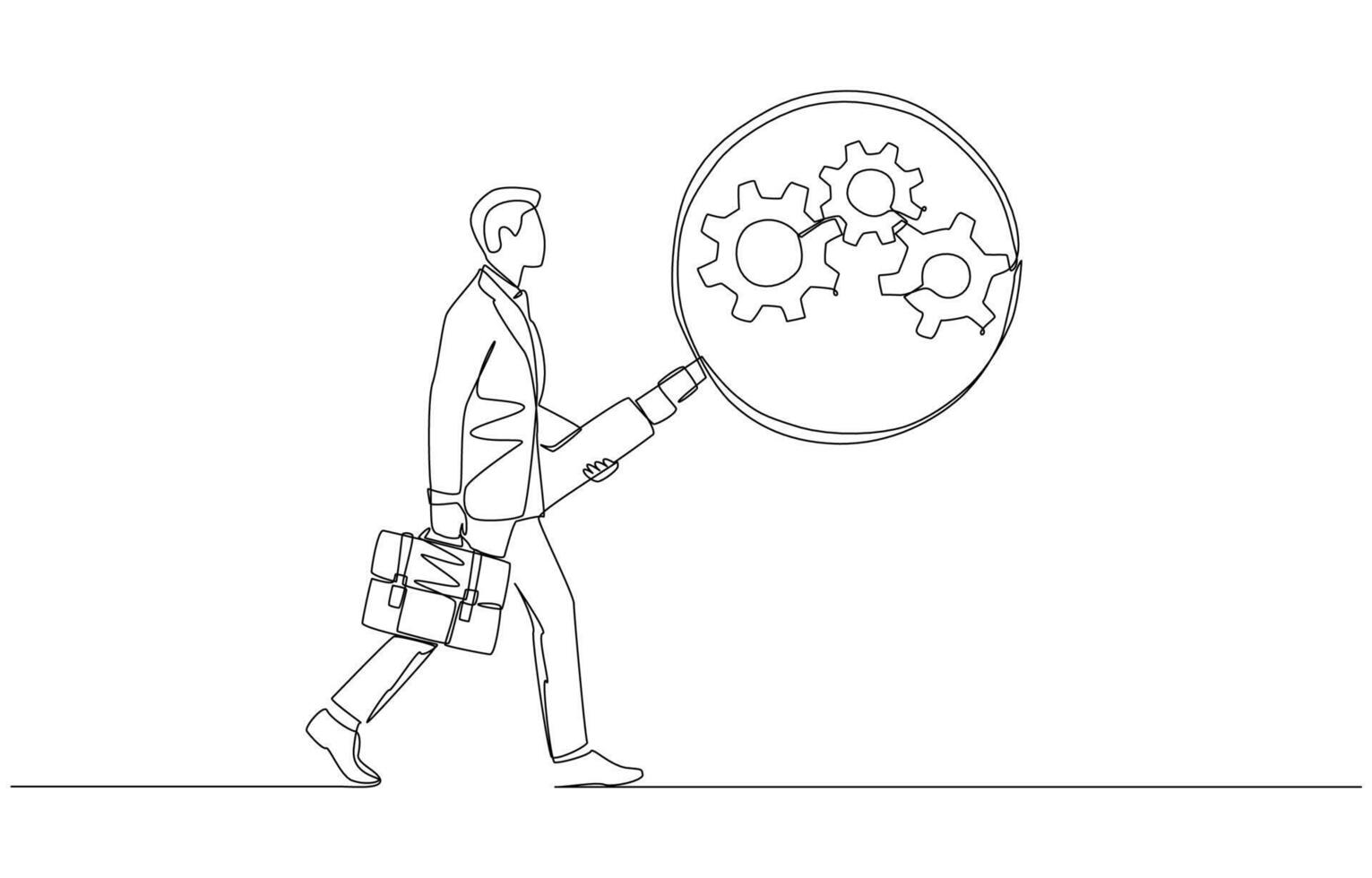Continuous one line drawing of businessman analyze cogwheels system with magnifying glass, workflow monitoring for smooth operation concept, single line art. vector