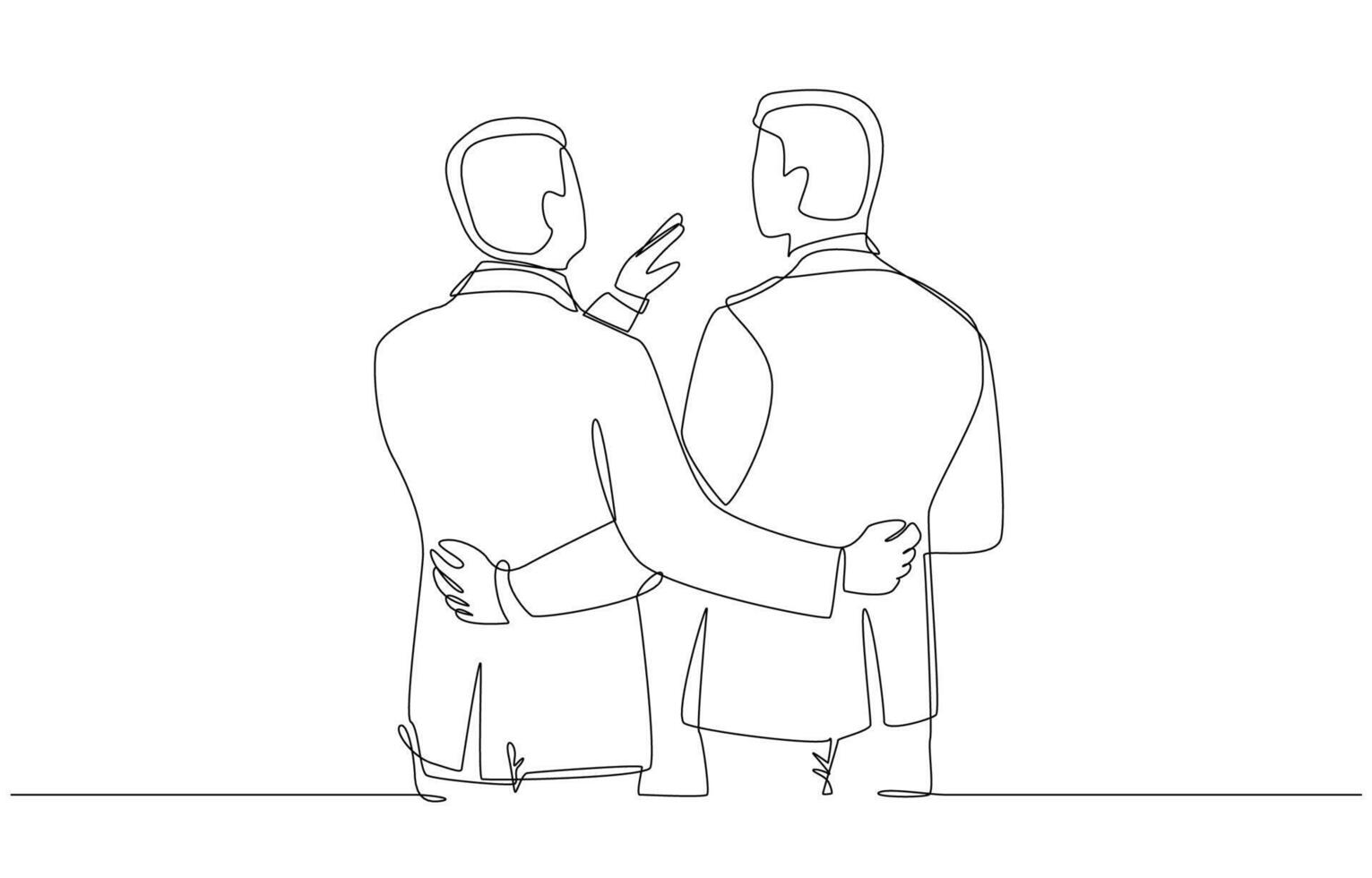 Continuous one line drawing of wo businessmen hug each other to talk business matters casually, business talks concept, single line art. vector