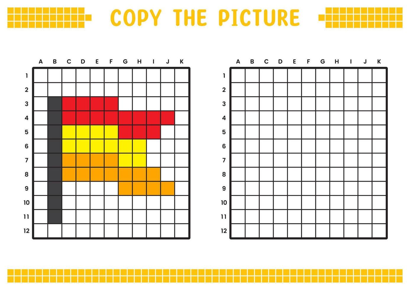 Copy the picture, complete the grid image. Educational worksheets drawing with squares, coloring cell areas. Preschool activities, children's games. Cartoon illustration, pixel art. Flag. vector