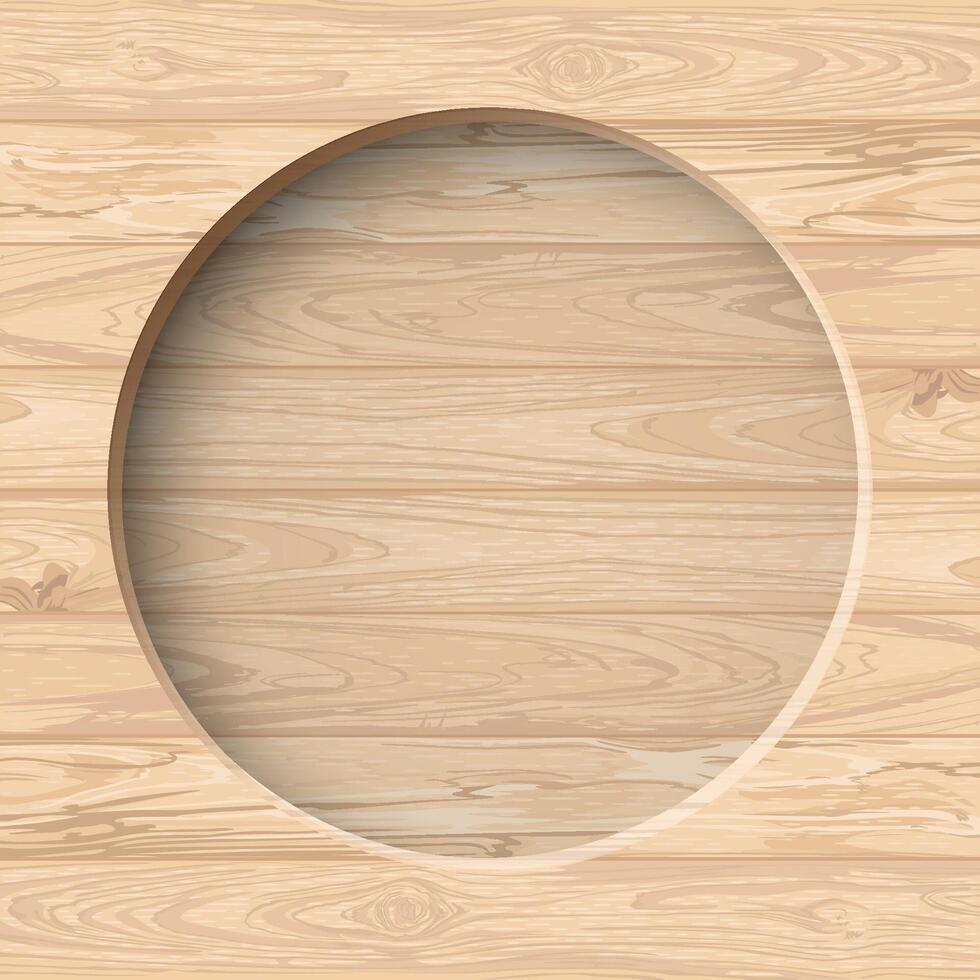 3D circle frame paper cut style with cut timber panels graphic square background illustrated have blank space. Wooden whitewashed texture pattern with round border template. vector