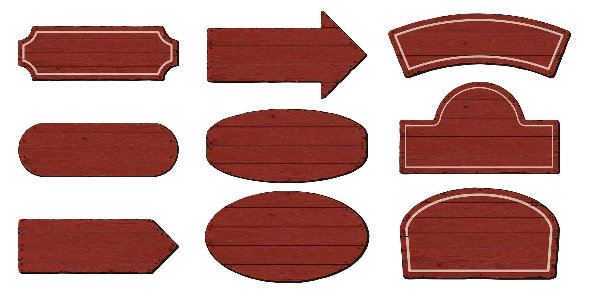Blank signboard isolated various shapes made from cut timber panels red color painted graphic illustrated. Set of nameplate red wooden texture pattern frame. vector