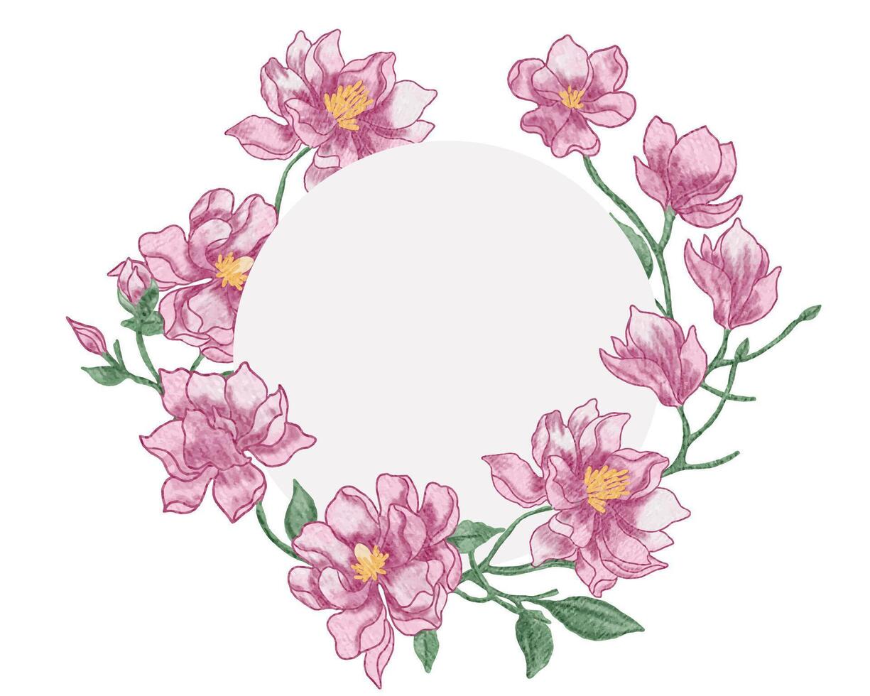 Pink Magnolia Watercolor Flower Wreath vector