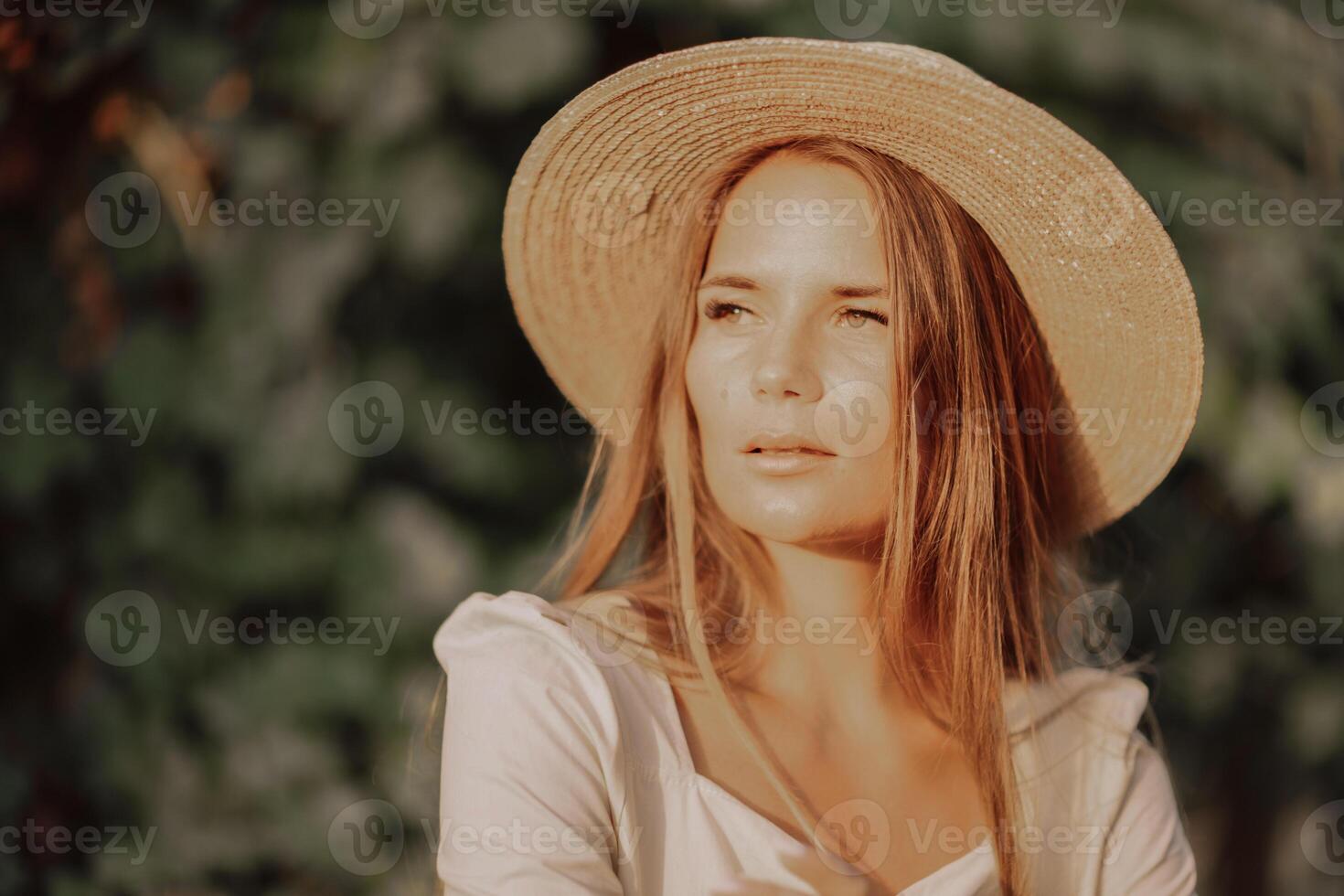 Woman with straw hat stands in front of vineyard. She is wearing a light dress and posing for a photo. Travel concept to different countries photo