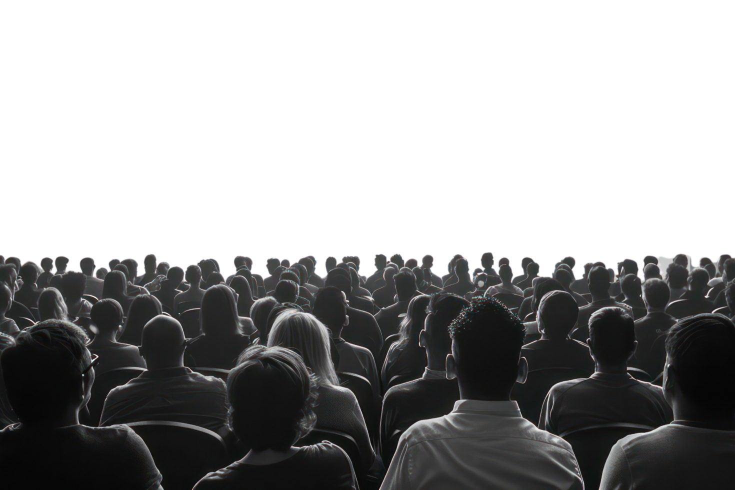 A large crowd of people are sitting in a theater on transparent background. png
