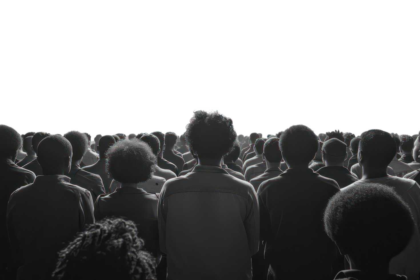 A crowd of people are standing in a field on transparent background. png