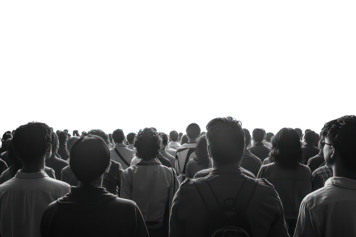 A crowd of people are standing in a field on transparent background. png