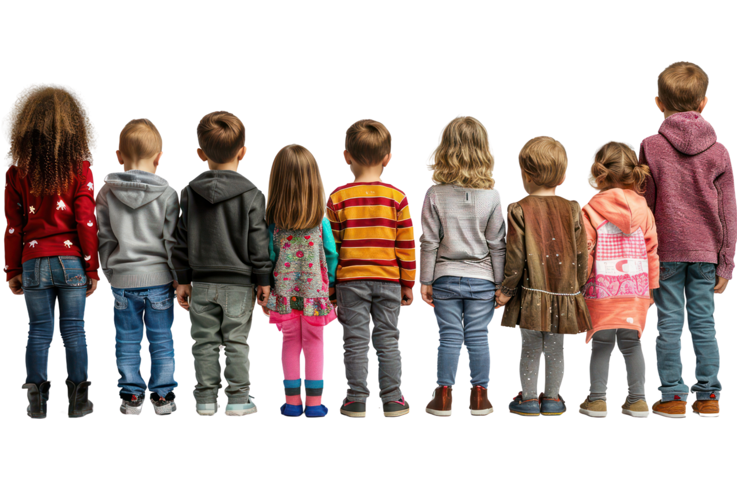 A back view on the group of full height cildren looking in the middle, cutout transparent background png