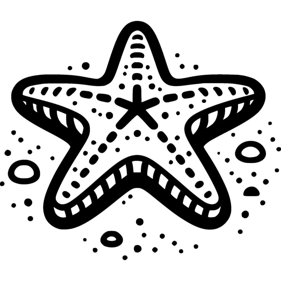 Starfish lies on ocean floor in monochrome. Five pointed starfish clam. Simple minimalistic in black ink drawing on white background vector