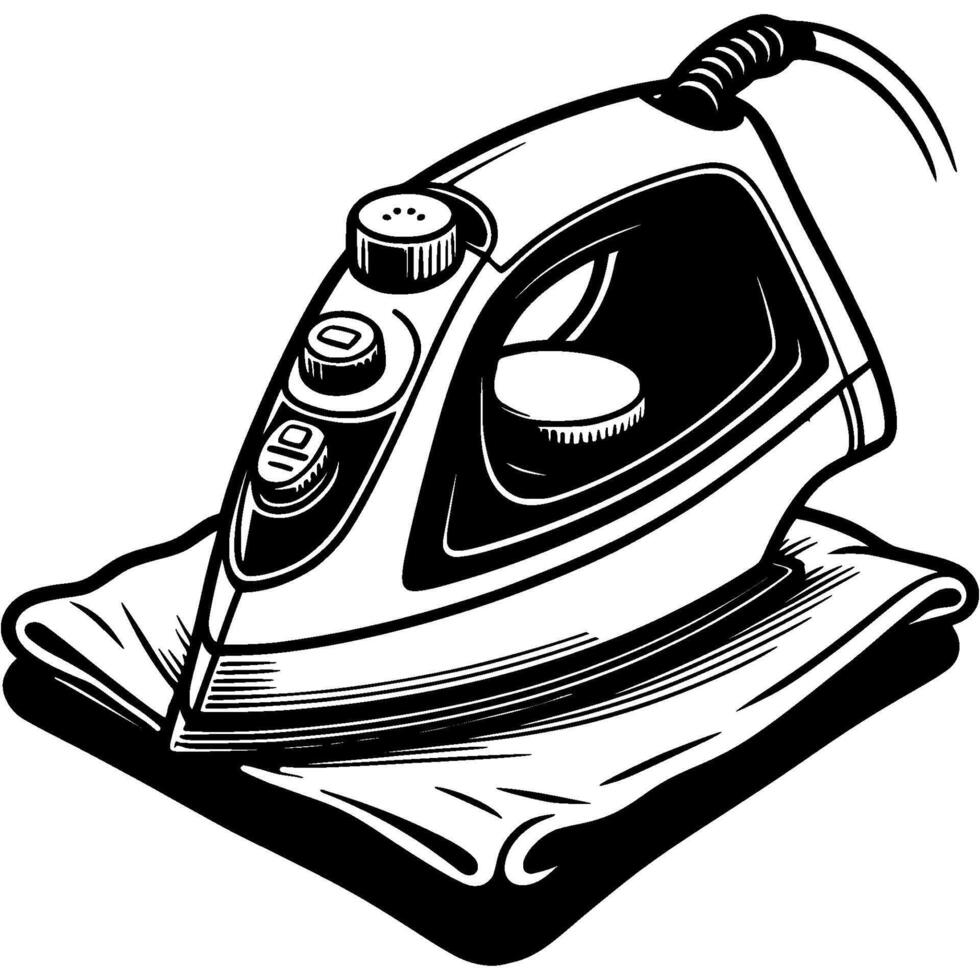 Electric iron irons folded clothes in monochrome. Simple minimalistic in black ink drawing on white background vector