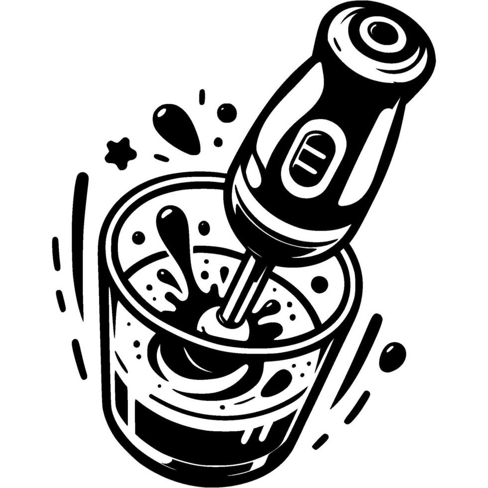 Hand immersion blender grinds fruit smoothie in glass in monochrome. Simple minimalistic in black ink drawing on white background vector