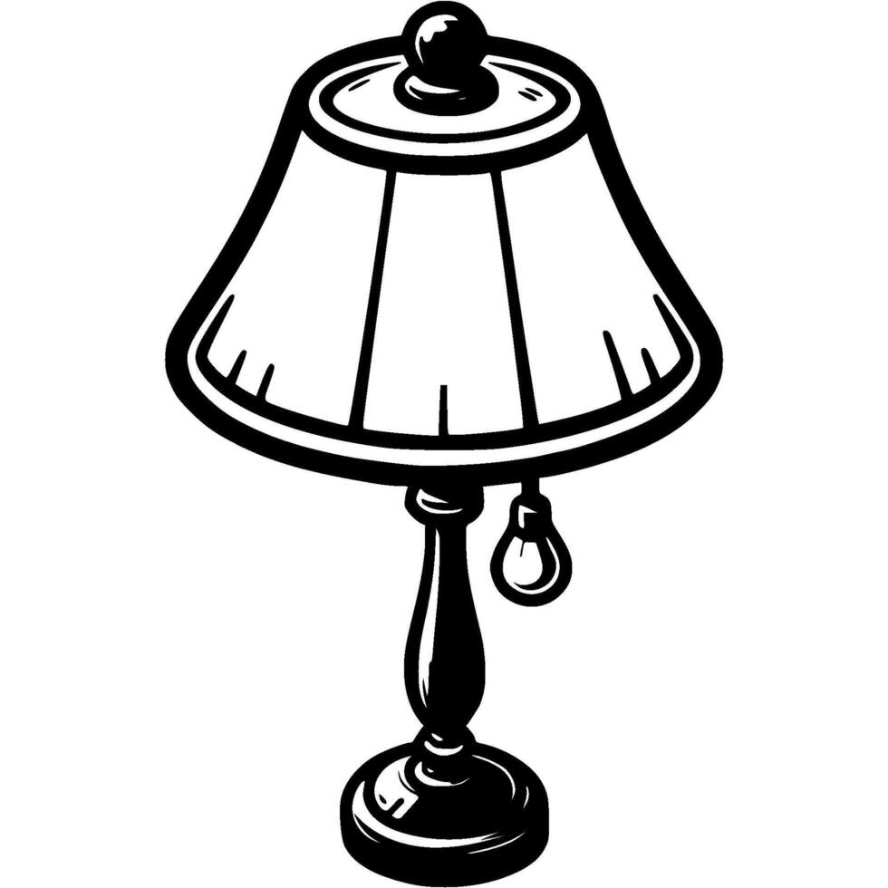 Antique bedside lamp on carved wooden stand in monochrome. Simple minimalistic in black ink drawing on white background vector