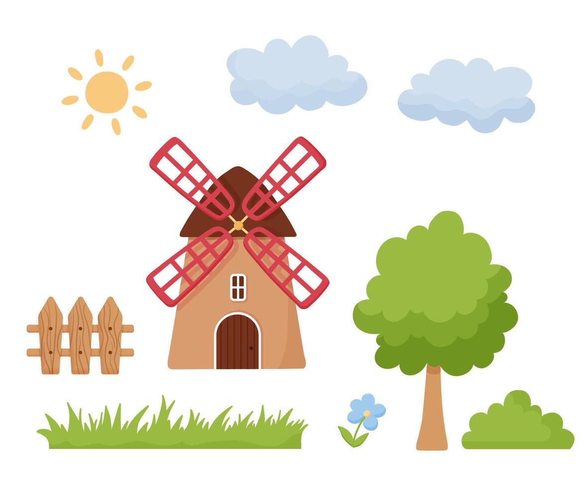 cartoon windmill, fence, tree and grass isolated on white background. Flat cute mill illustration. Rural netherlands building vector