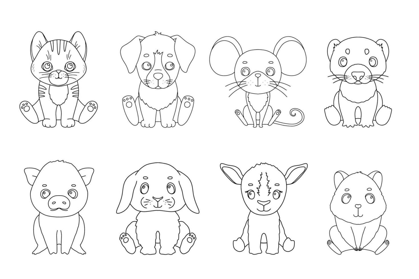 Line cute bunny, kitten and puppy. outline graphic illustrations set, character baby animal isolated on white. vector