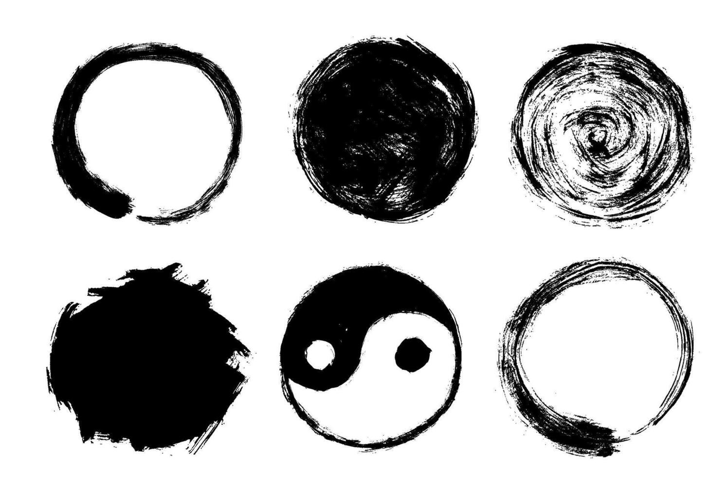 Enso black circle, yang yin symbol, grunge round shape. Hand drawn taoism icon vector