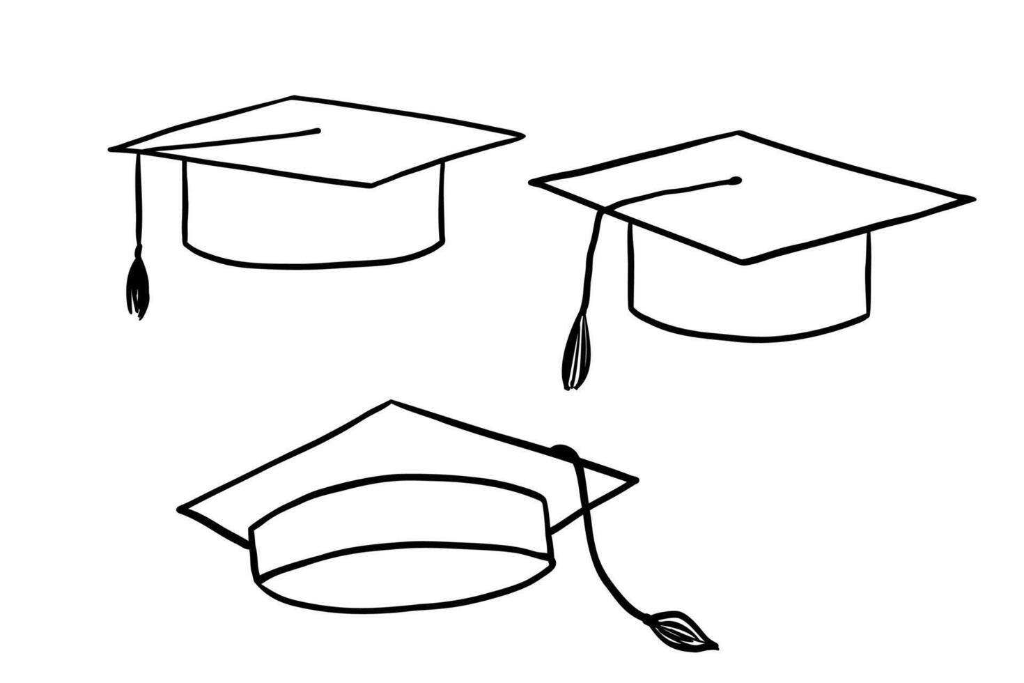 Graduate hat line icons set. Hand drawn university cap in doodle style. vector