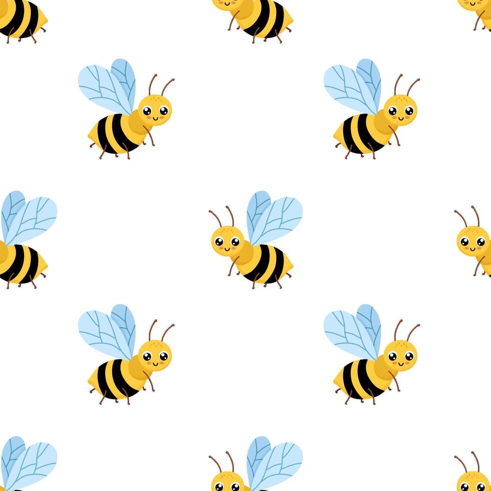 Seamless simple pattern with cute bee character. background with funny honeybee or bumblebee on white for textiles or fabric for newborns vector