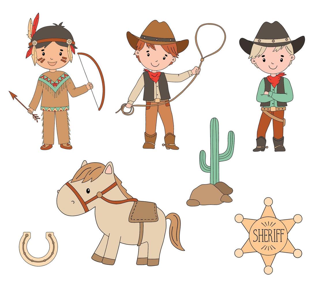 Cowboy boy with lasso, Native American and horse. Cute childish cartoon illustration isolated on white vector