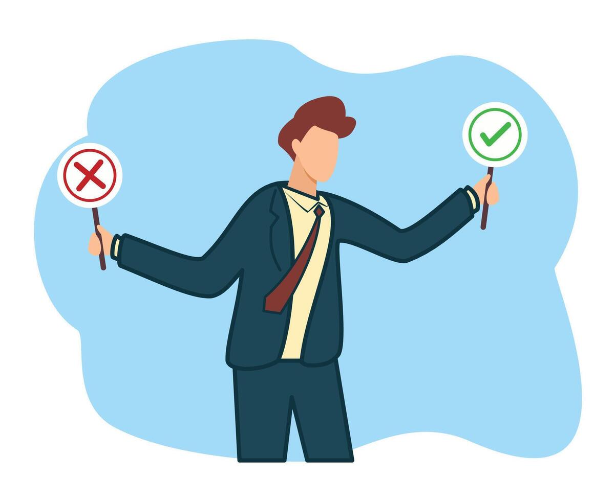 Hands holding signs with cross and checkmark. Wrong and right concept, cancel or approved vote of person vector