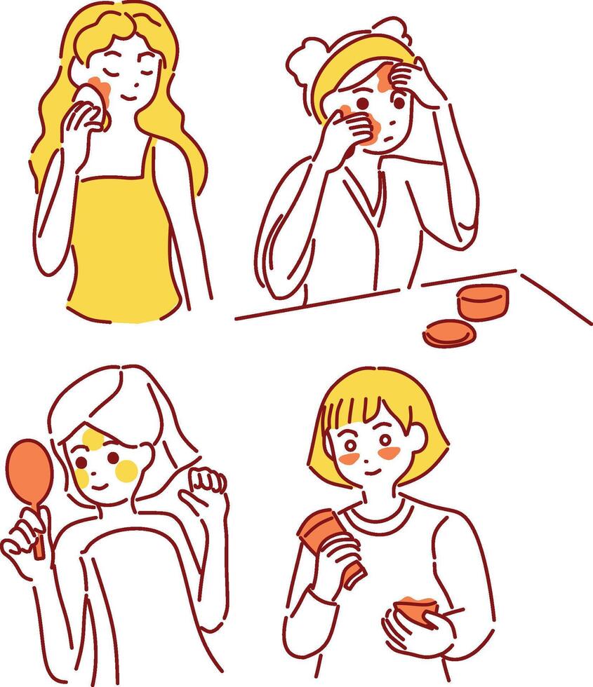 Hand-Drawn Style Skincare Routine Illustrations Featuring Women in Various Facial Care Activities vector
