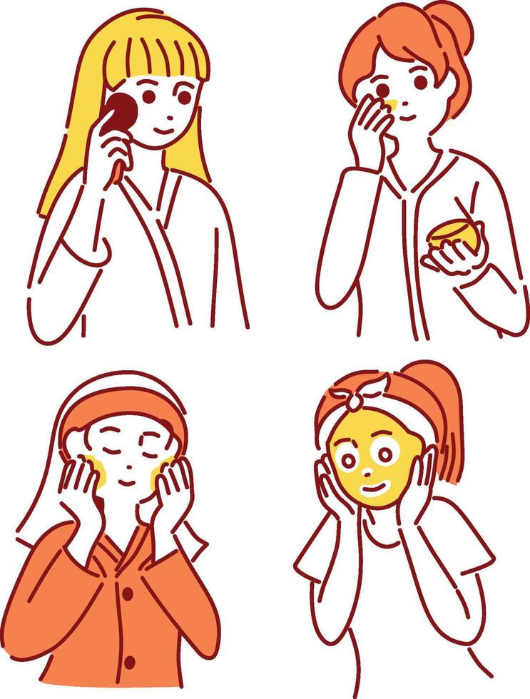 Hand-Drawn Style Skincare Routine Illustrations Featuring Women in Various Facial Care Activities vector