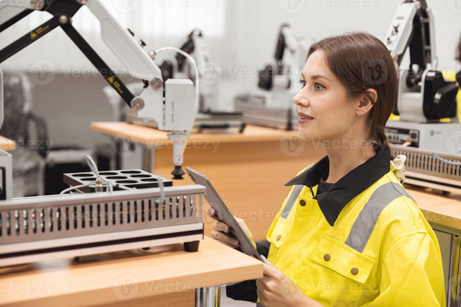 Engineer women learning education in Industrial Robotics program with robot arm simulation model in university engineering lab classroom. photo