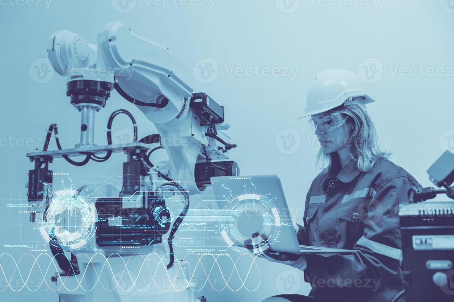 engineer programmer with advance technology robotic automation factory engineering system software application concept photo