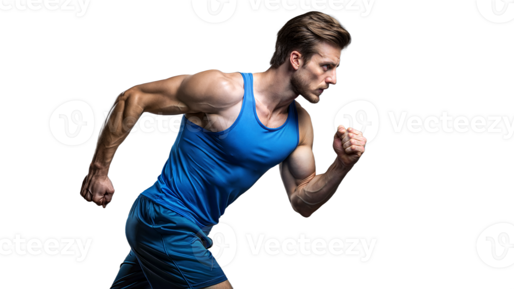 Muscular Man Running in Blue Tank Top and Shorts png