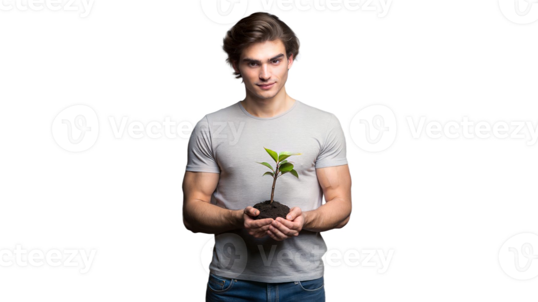 Young Man Holding Small Sapling in Soil Against Transparent Background png