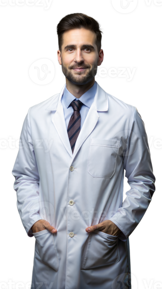 Portrait of a Smiling Male Doctor in a White Lab Coat With Hands in Pockets png