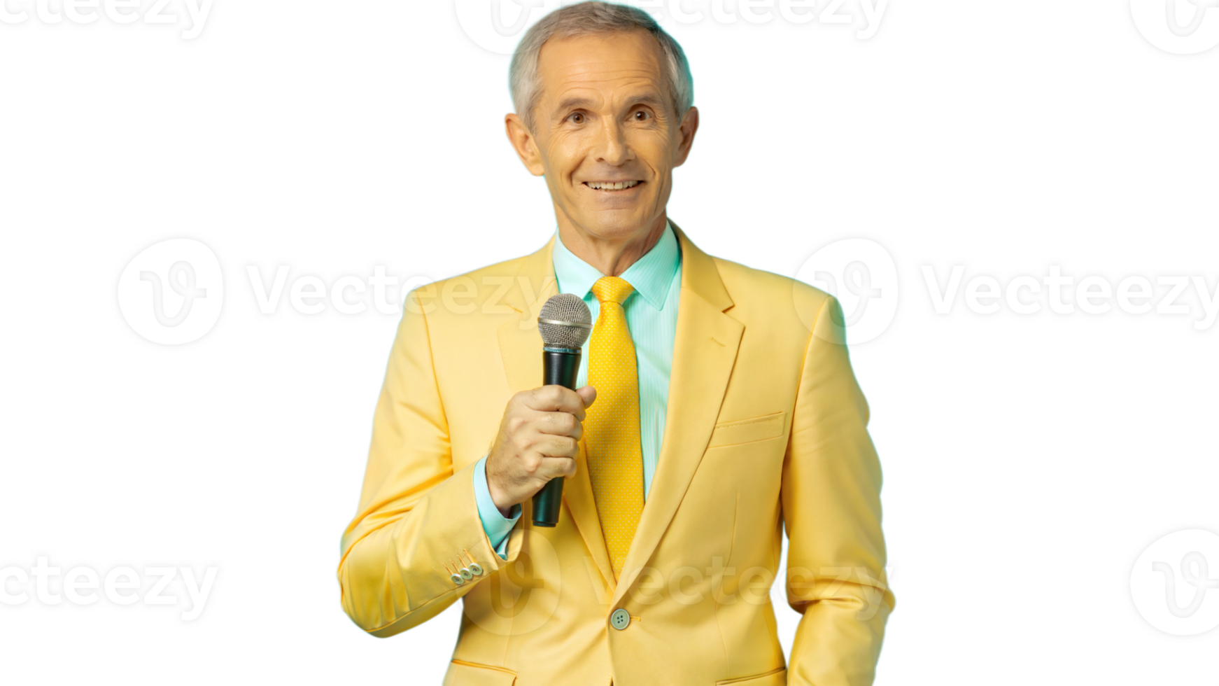 Smiling Man in Yellow Suit Speaking Into Microphone png