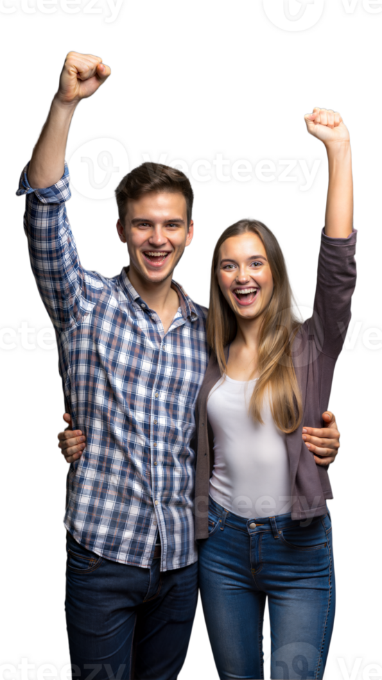 Happy Couple Celebrating Success With Arms Raised in the Air png