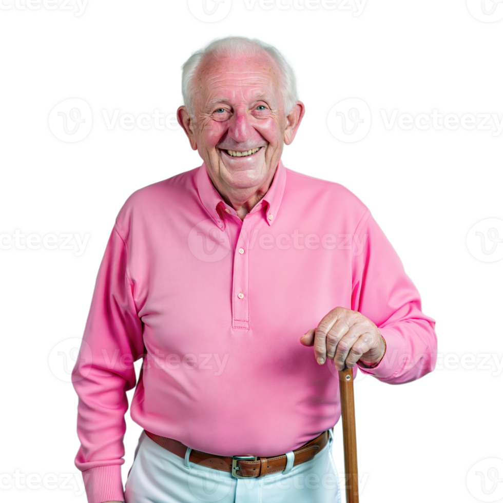 Senior Man With Pink Shirt and Cane Smiles for Camera png
