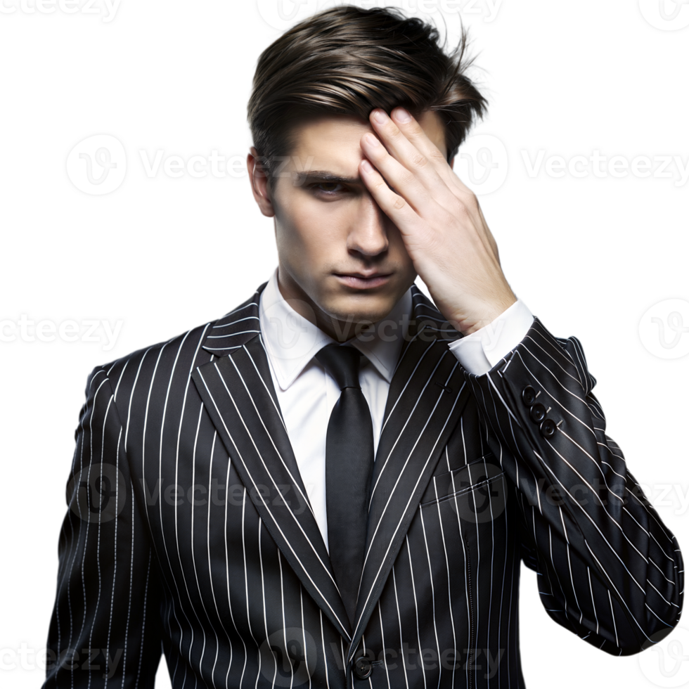 Young Man In Black Striped Suit With Hand On Forehead png