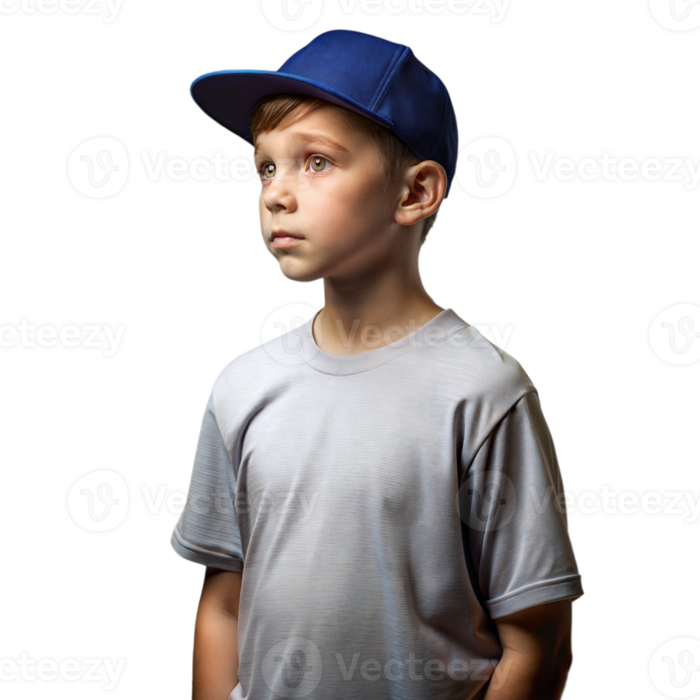 Young Boy Wearing Grey T-Shirt and Blue Baseball Cap Looking Away png