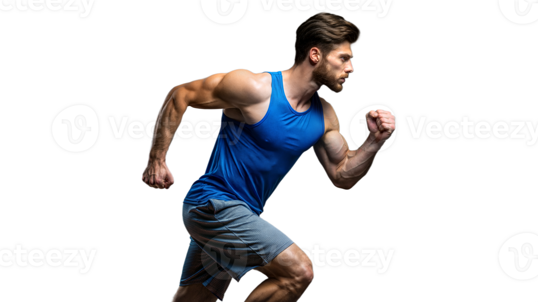 Muscular Man Running in Blue Tank Top and Grey Shorts png